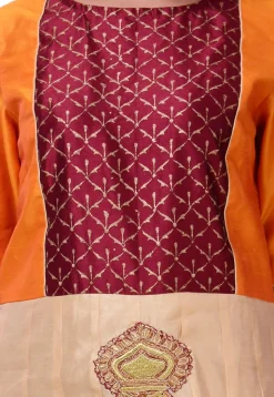 Embroidered Art Dupion Silk Abaya Style Suit in Beige and Orange