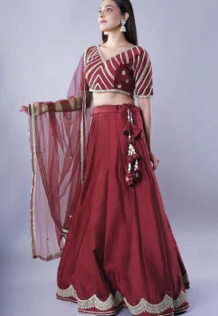 Embroidered Art Dupion Silk Lehenga in Maroon