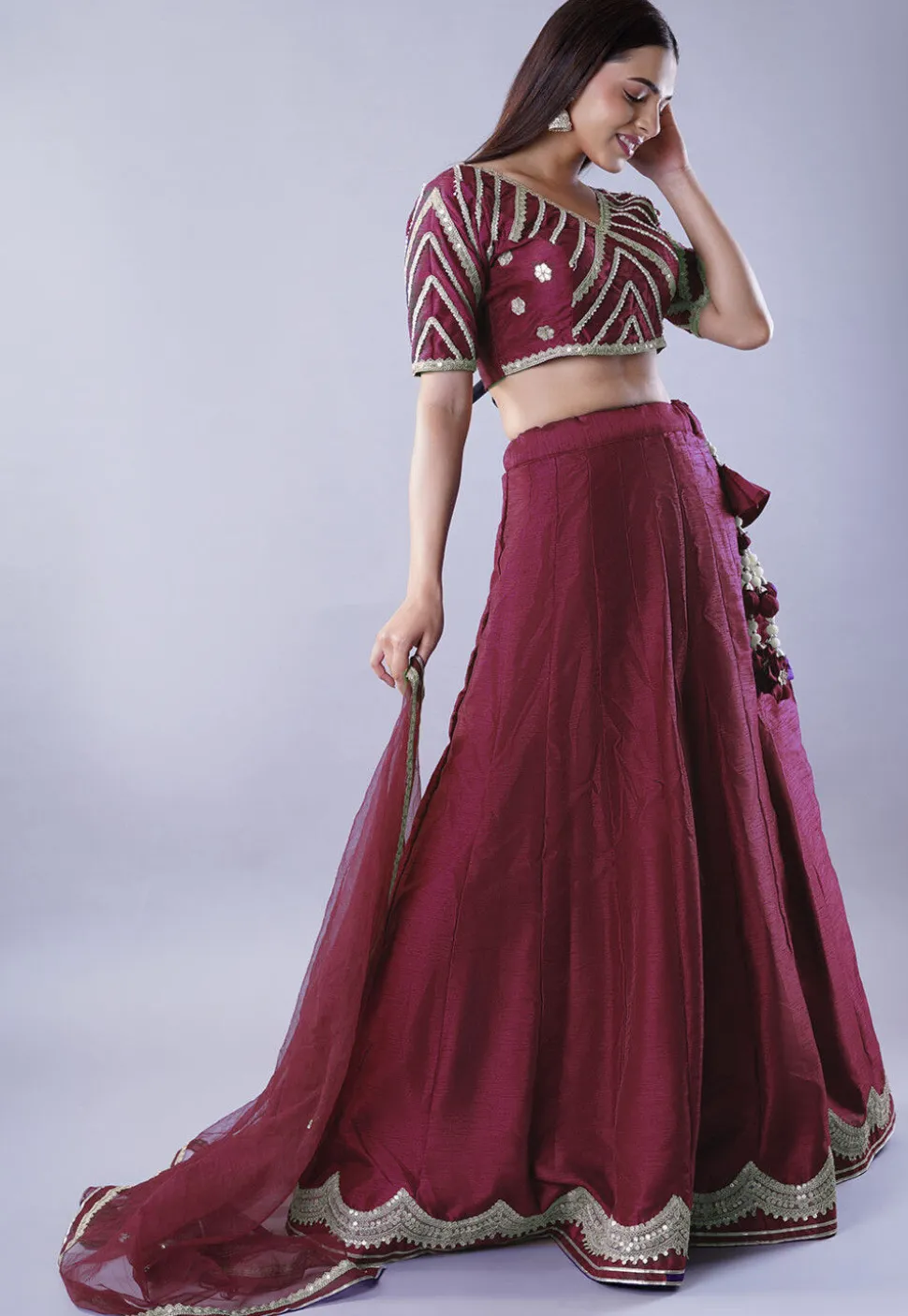 Embroidered Art Dupion Silk Lehenga in Maroon