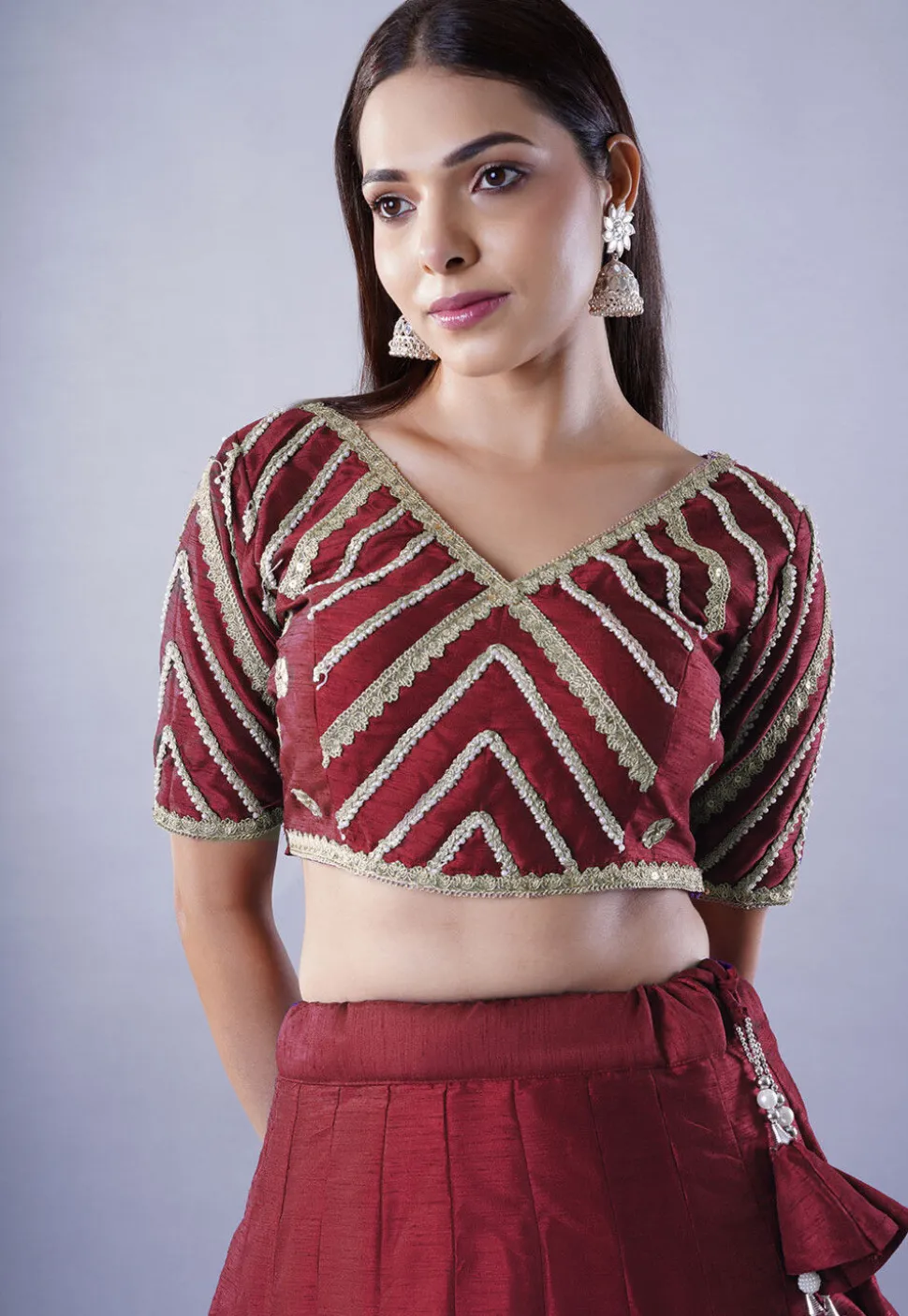 Embroidered Art Dupion Silk Lehenga in Maroon