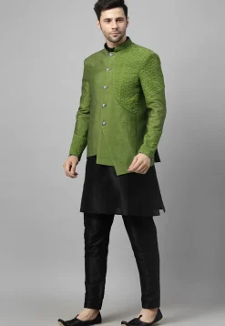 Embroidered Art Dupion Silk Jodhpuri Suit in Olive Green and Black