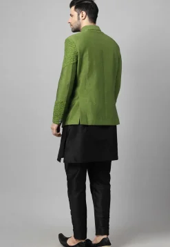 Embroidered Art Dupion Silk Jodhpuri Suit in Olive Green and Black