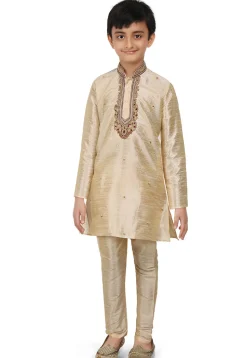 Embroidered Art Dupion Silk Kurta Set in Beige