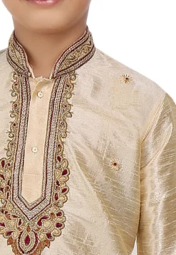Embroidered Art Dupion Silk Kurta Set in Beige