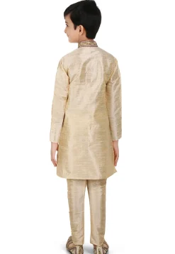 Embroidered Art Dupion Silk Kurta Set in Beige