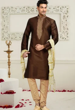 Embroidered Art Dupion Silk Kurta Set in Brown