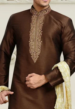 Embroidered Art Dupion Silk Kurta Set in Brown