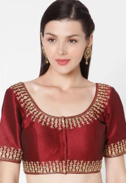 Embroidered Art Dupion Silk Blouse in Maroon