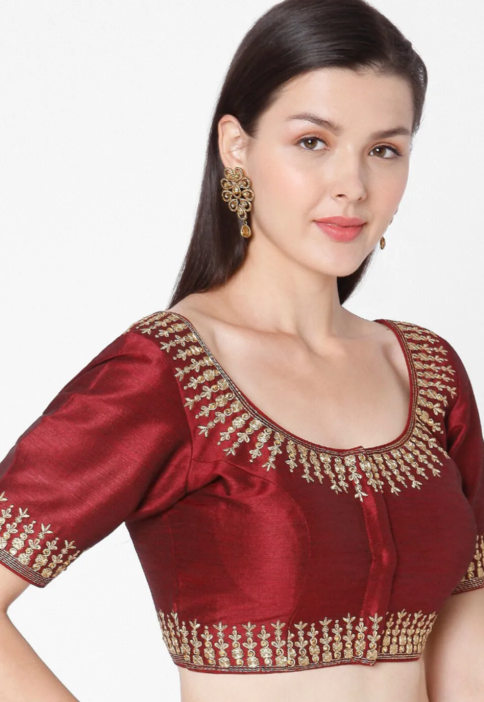 Embroidered Art Dupion Silk Blouse in Maroon