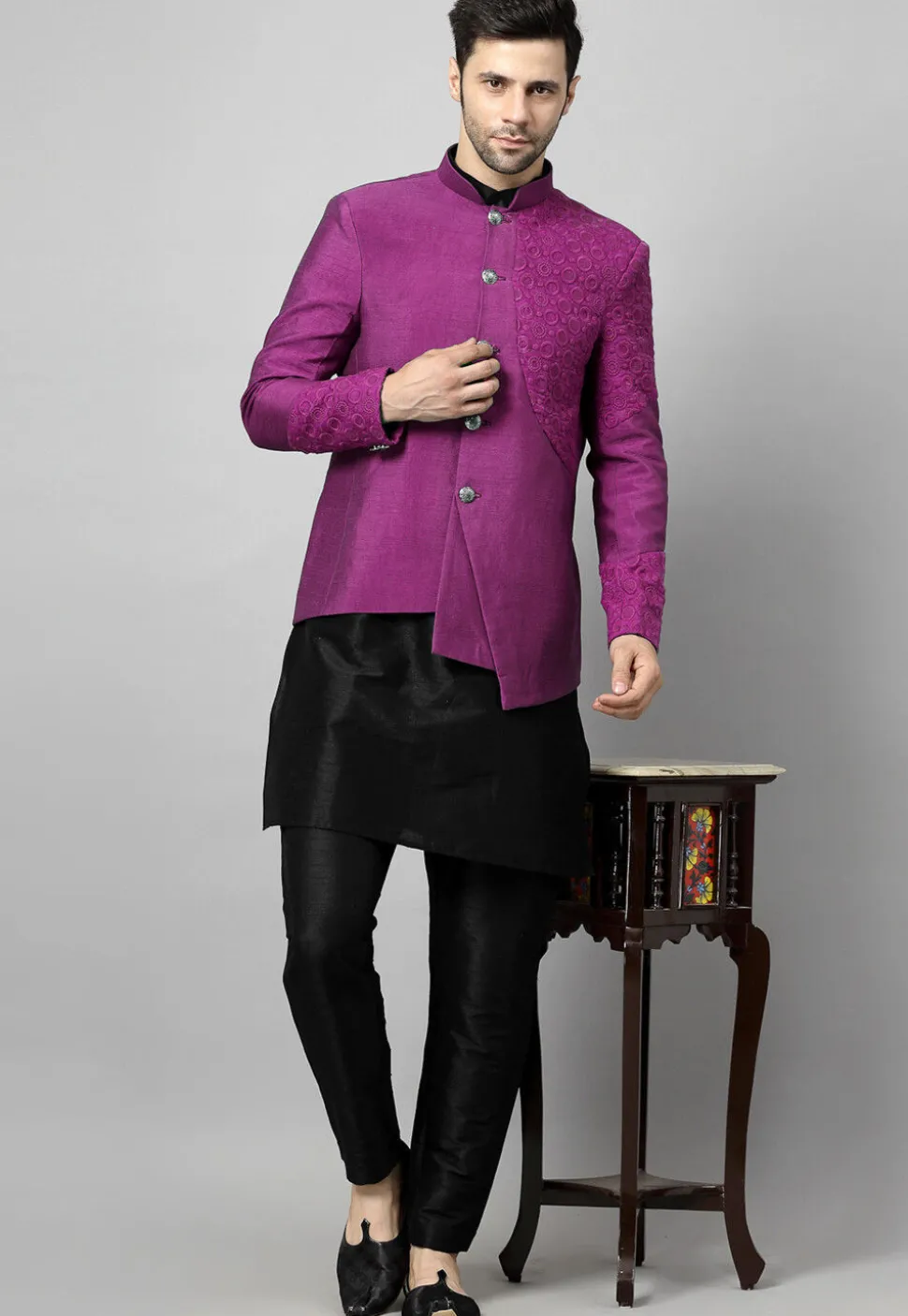 Embroidered Art Dupion Silk Jodhpuri Suit in Magenta and Black
