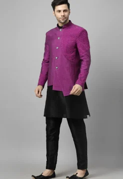 Embroidered Art Dupion Silk Jodhpuri Suit in Magenta and Black
