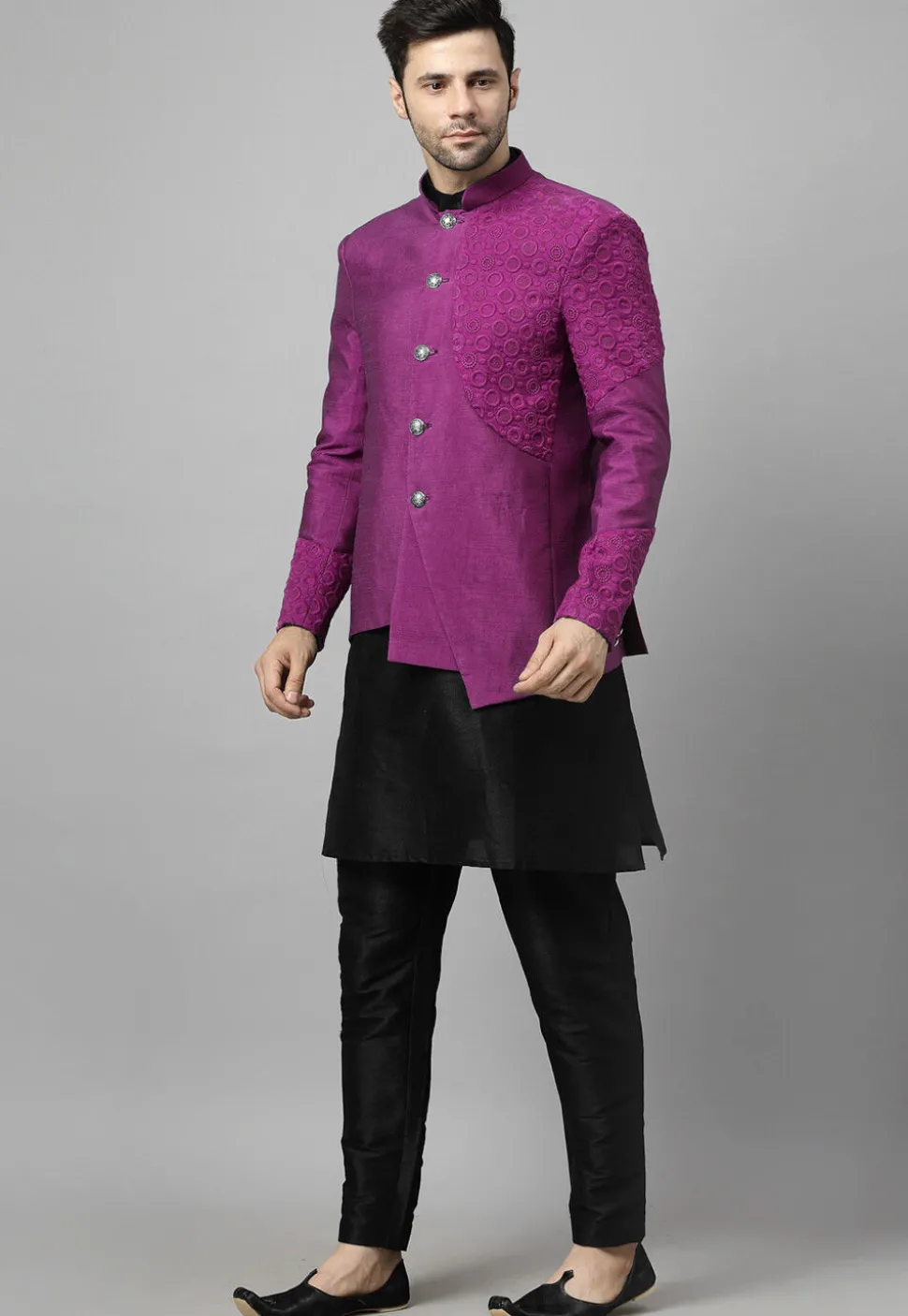 Embroidered Art Dupion Silk Jodhpuri Suit in Magenta and Black