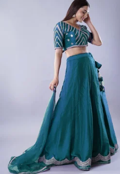 Embroidered Art Dupion Silk Lehenga in Teal Blue