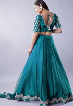 Embroidered Art Dupion Silk Lehenga in Teal Blue