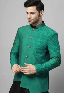 Embroidered Art Dupion Silk Jodhpuri Suit in Teal Green and Black