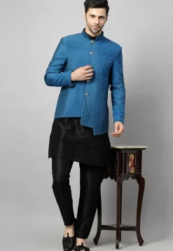 Embroidered Art Dupion Silk Jodhpuri Suit in Blue and Black