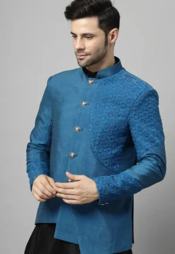Embroidered Art Dupion Silk Jodhpuri Suit in Blue and Black