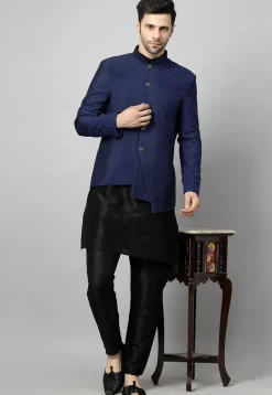Embroidered Art Dupion Silk Jodhpuri Suit in Navy Blue and Black