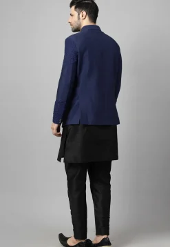Embroidered Art Dupion Silk Jodhpuri Suit in Navy Blue and Black