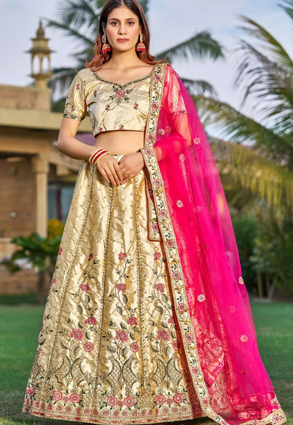 Embroidered Art Satin Silk Lehenga in Beige