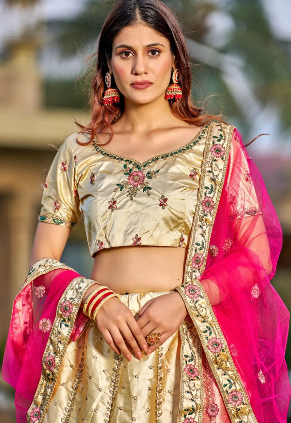 Embroidered Art Satin Silk Lehenga in Beige