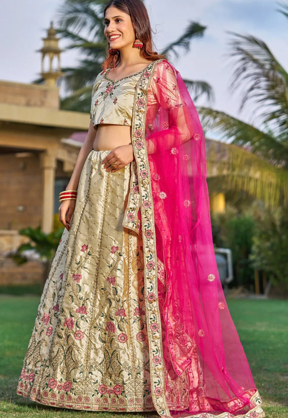 Embroidered Art Satin Silk Lehenga in Beige