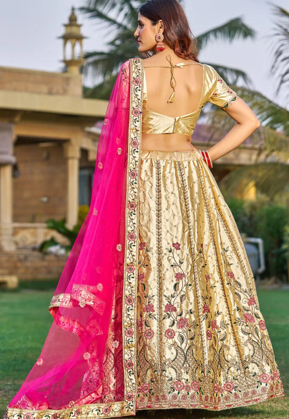 Embroidered Art Satin Silk Lehenga in Beige