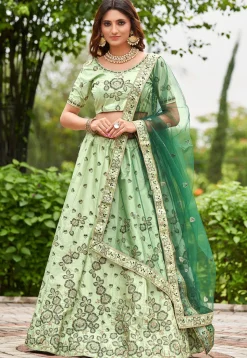 Embroidered Art Satin Silk Lehenga in Light Green