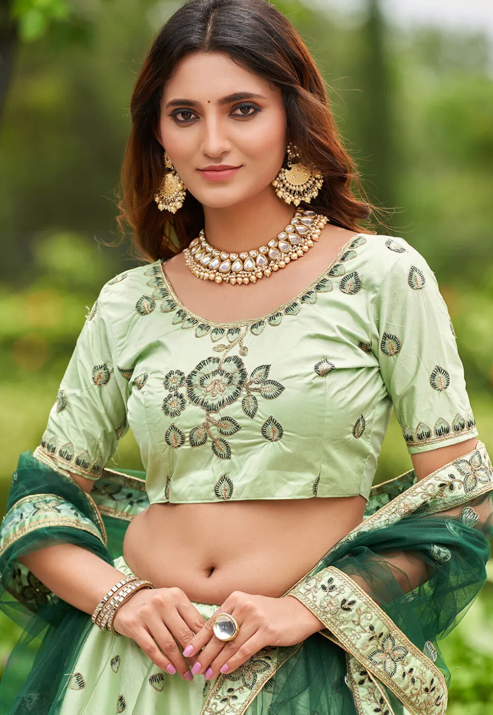 Embroidered Art Satin Silk Lehenga in Light Green