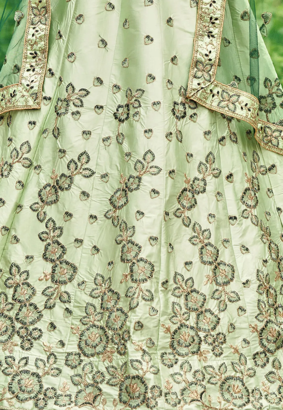 Embroidered Art Satin Silk Lehenga in Light Green