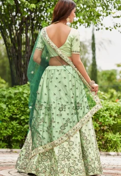 Embroidered Art Satin Silk Lehenga in Light Green