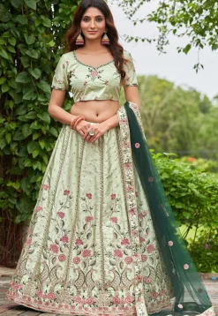 Embroidered Art Satin Silk Lehenga in Light Green
