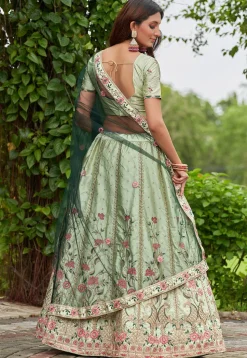 Embroidered Art Satin Silk Lehenga in Light Green