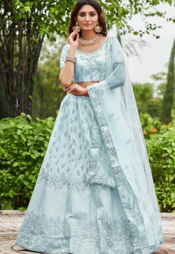 Embroidered Art Satin Silk Lehenga in Sky Blue