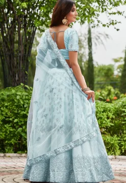 Embroidered Art Satin Silk Lehenga in Sky Blue