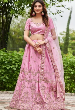 Embroidered Art Satin Silk Lehenga in Pink