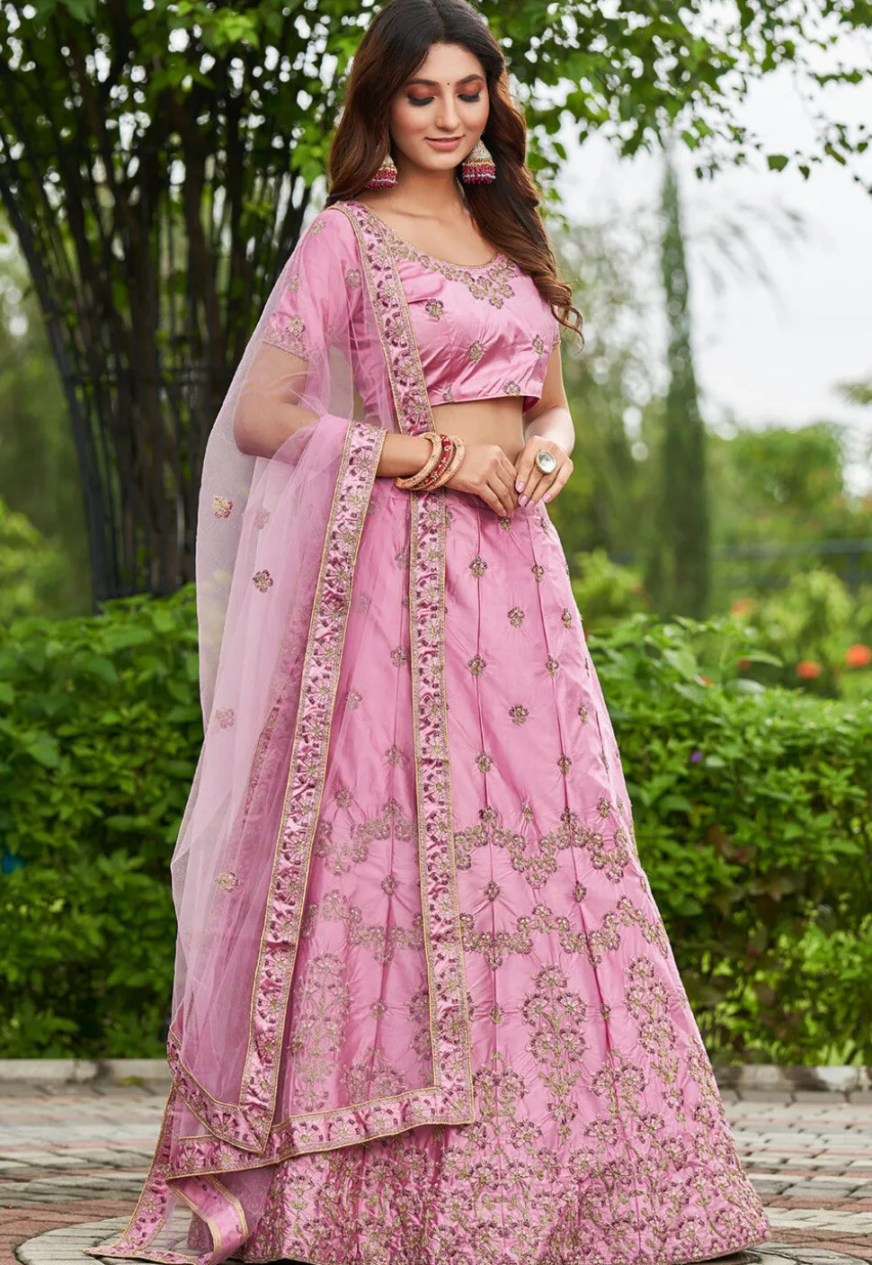 Embroidered Art Satin Silk Lehenga in Pink