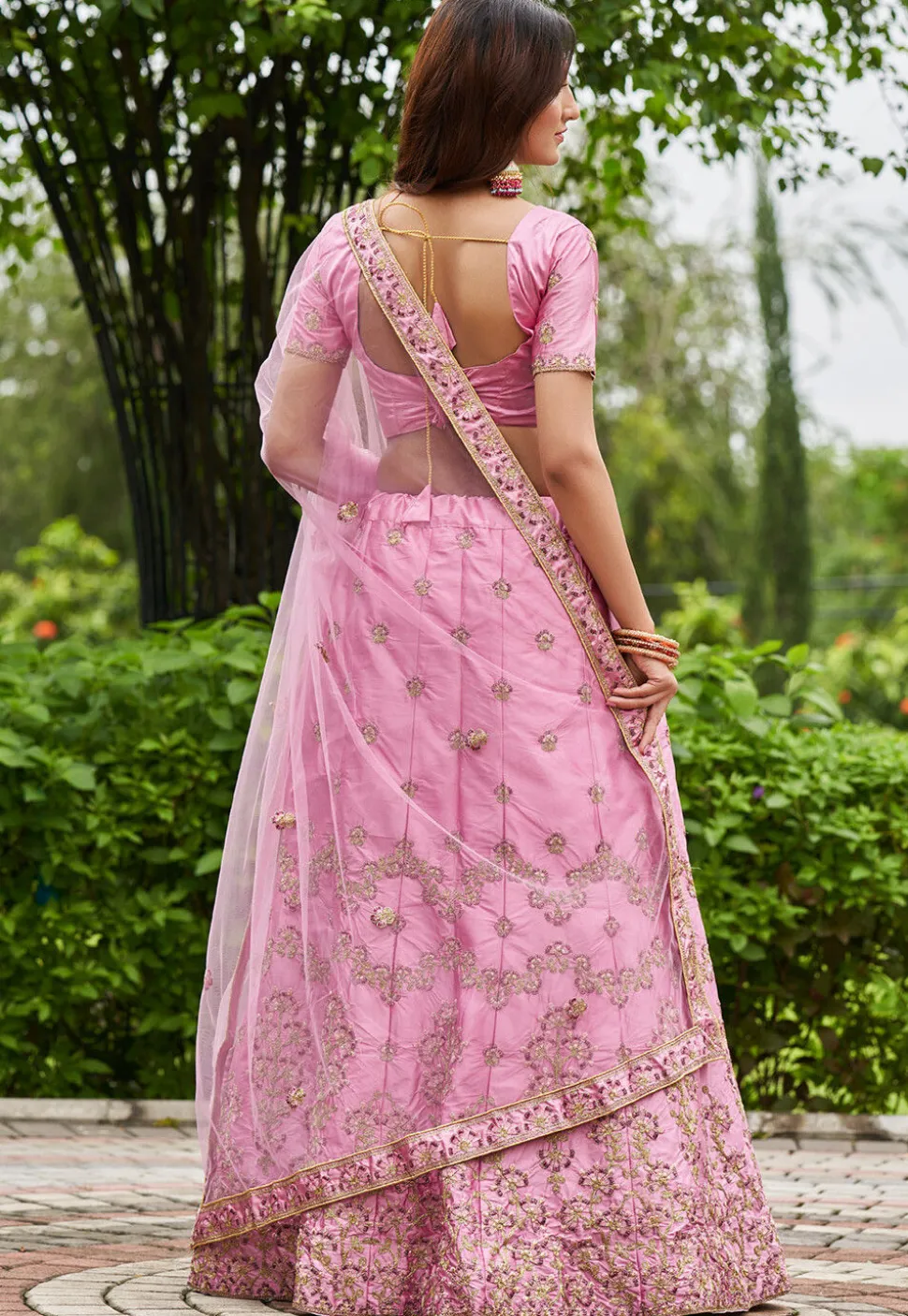 Embroidered Art Satin Silk Lehenga in Pink