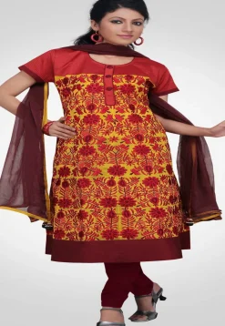 Embroidered Art Silk A Line Suit in Yellow