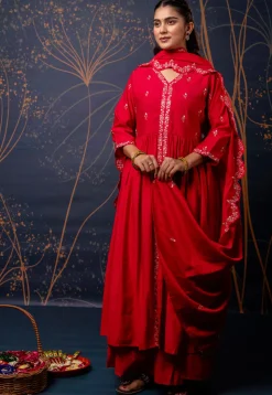 Embroidered Art Silk A Line Suit in Fuchsia