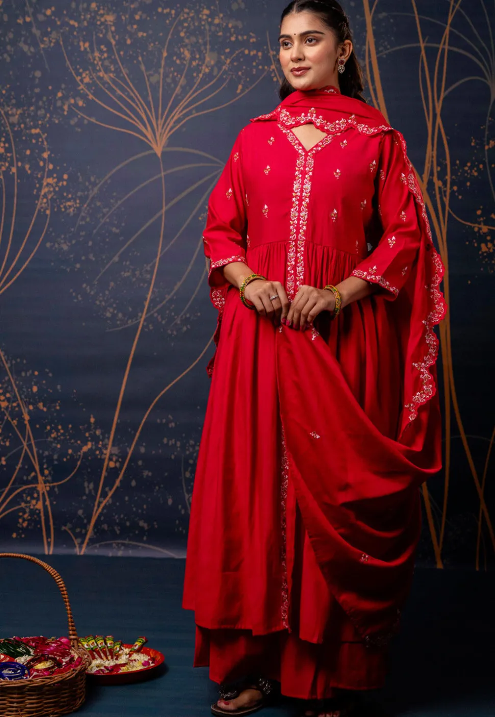 Embroidered Art Silk A Line Suit in Fuchsia