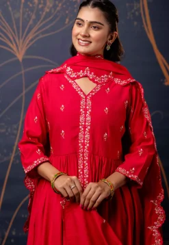 Embroidered Art Silk A Line Suit in Fuchsia