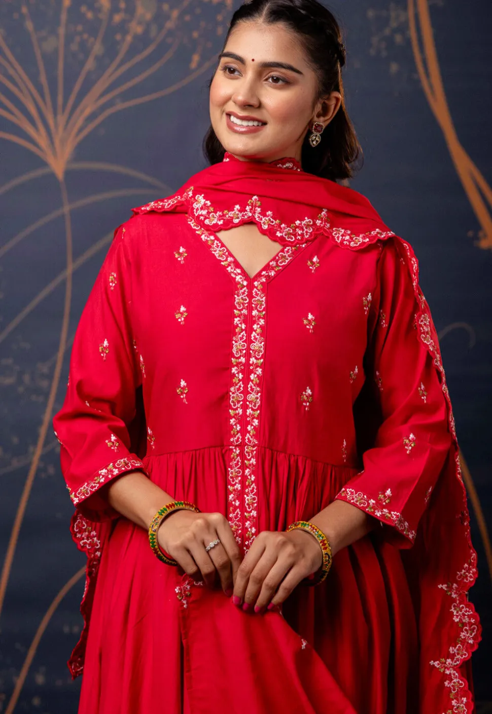 Embroidered Art Silk A Line Suit in Fuchsia