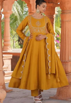 Embroidered Art Silk A Line Suit in Mustard