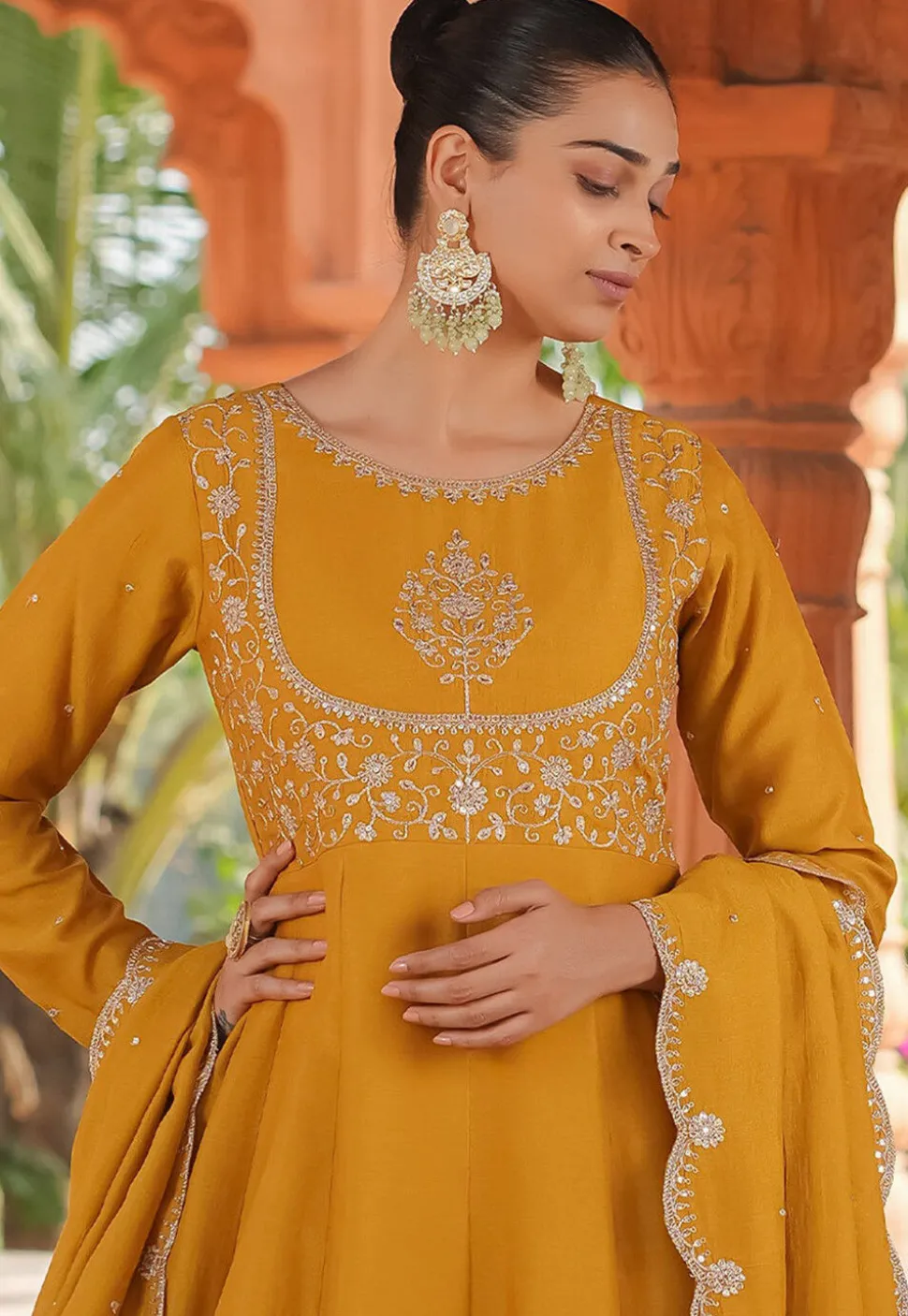 Embroidered Art Silk A Line Suit in Mustard