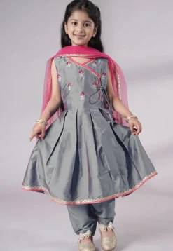 Embroidered Art Silk A Line Suit in Grey
