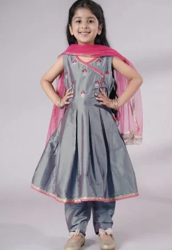 Embroidered Art Silk A Line Suit in Grey