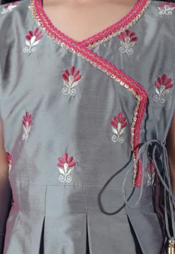 Embroidered Art Silk A Line Suit in Grey
