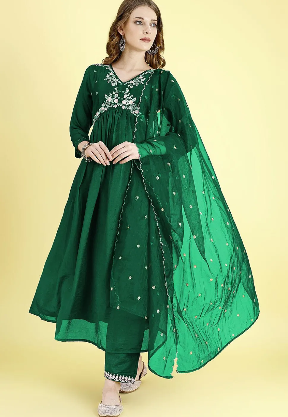 Embroidered Art Silk A Line Suit in Green
