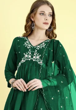 Embroidered Art Silk A Line Suit in Green